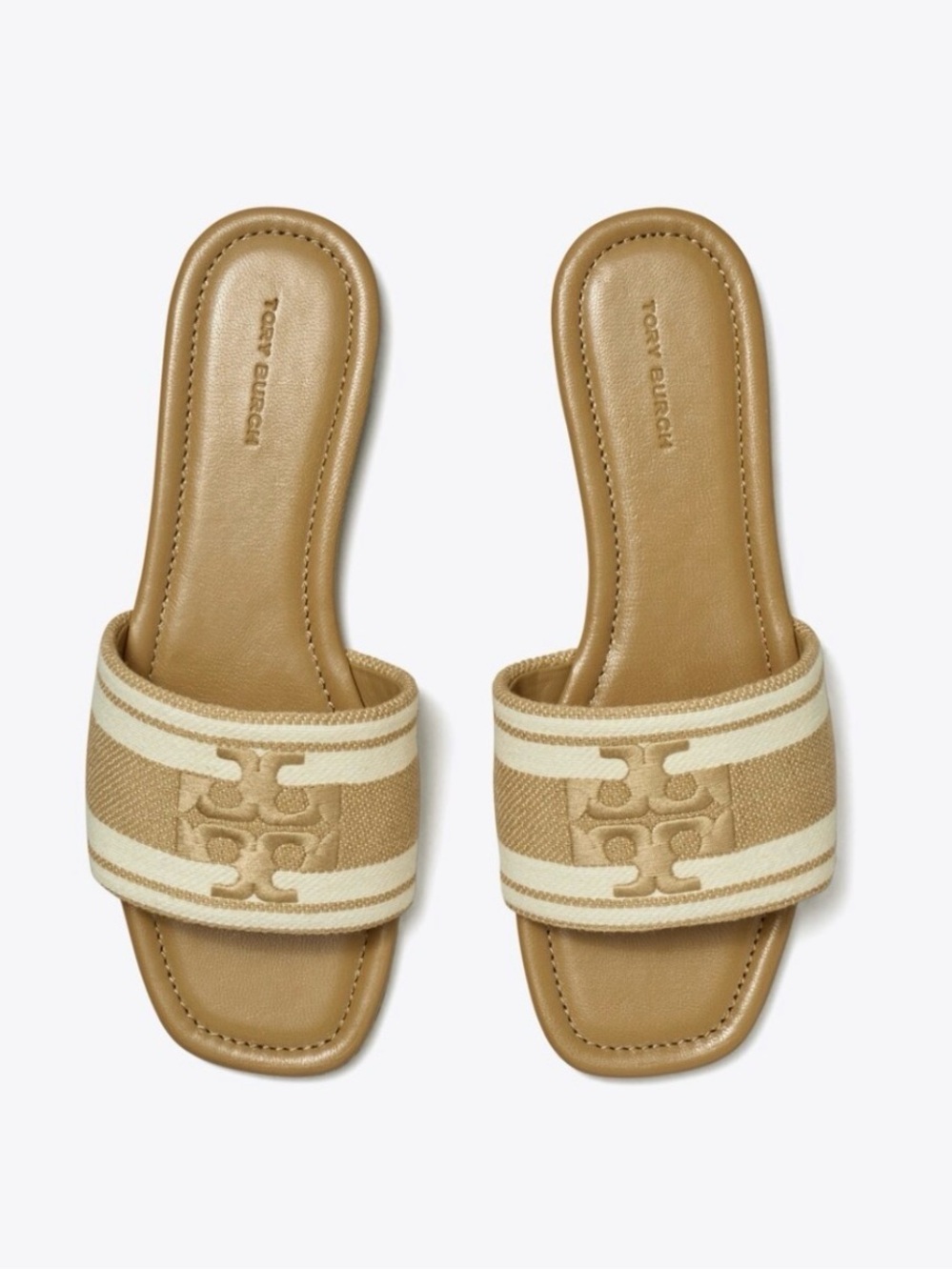 Tory Burch Double T Jacquard Slide Sandals Beige Ivory Striped Jacquard Size 8